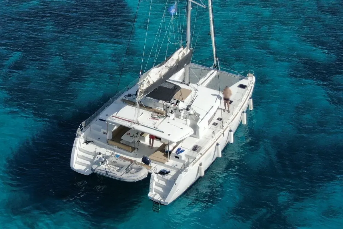 Exterior view of SAMOGON, a Lagoon 450 Fly catamaran at Rogač, Croatia