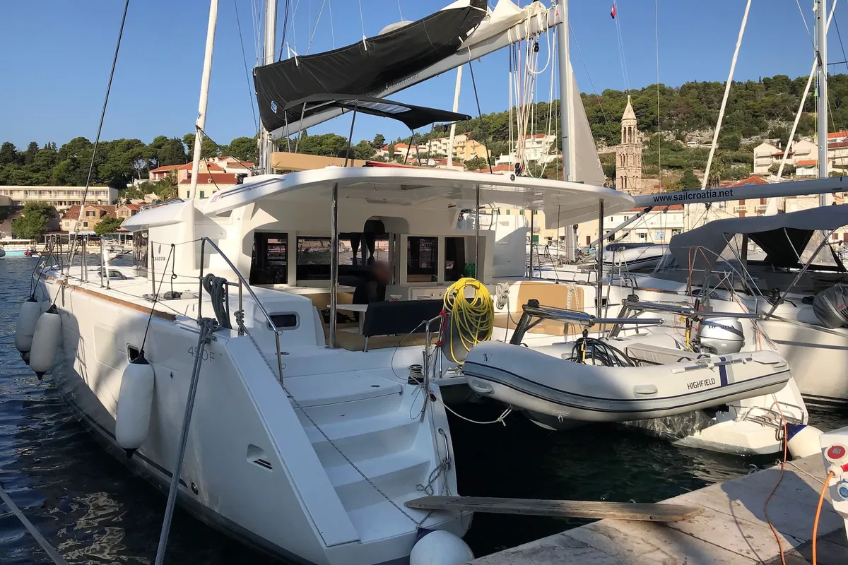 Exterior view of SAMOGON, a Lagoon 450 Fly catamaran at Rogač, Croatia