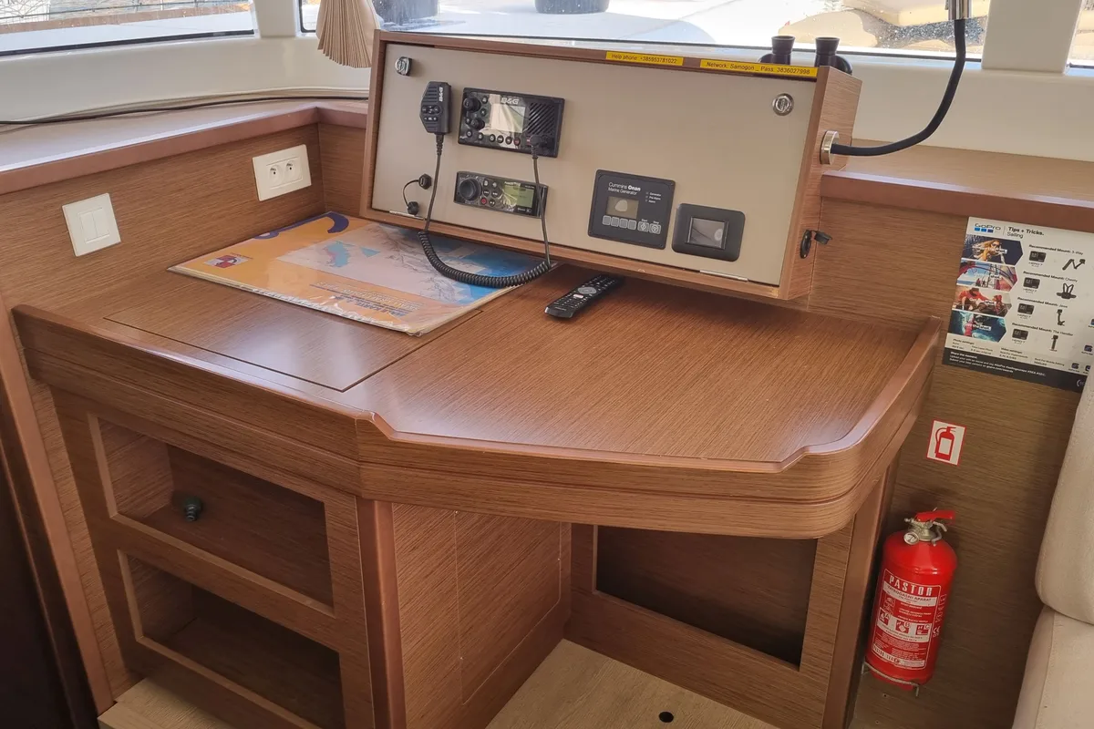 Cockpit of SAMOGON, a Lagoon 450 Fly catamaran at Rogač, Croatia