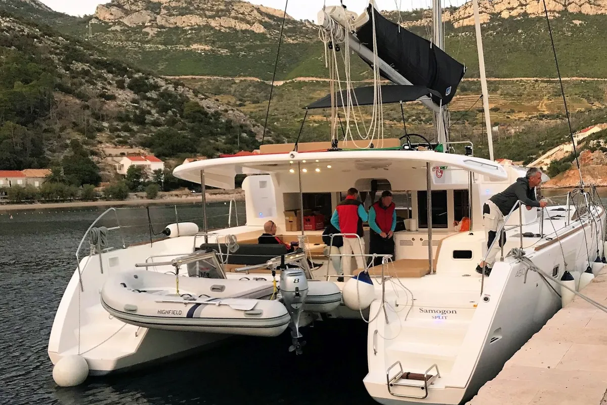 Exterior view of SAMOGON, a Lagoon 450 Fly catamaran at Rogač, Croatia