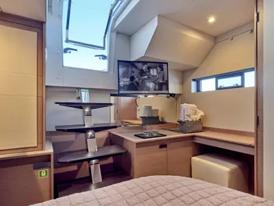 Cabin on Christal Mio, a Fountaine Pajot Power 67 catamaran at Athens, Greece