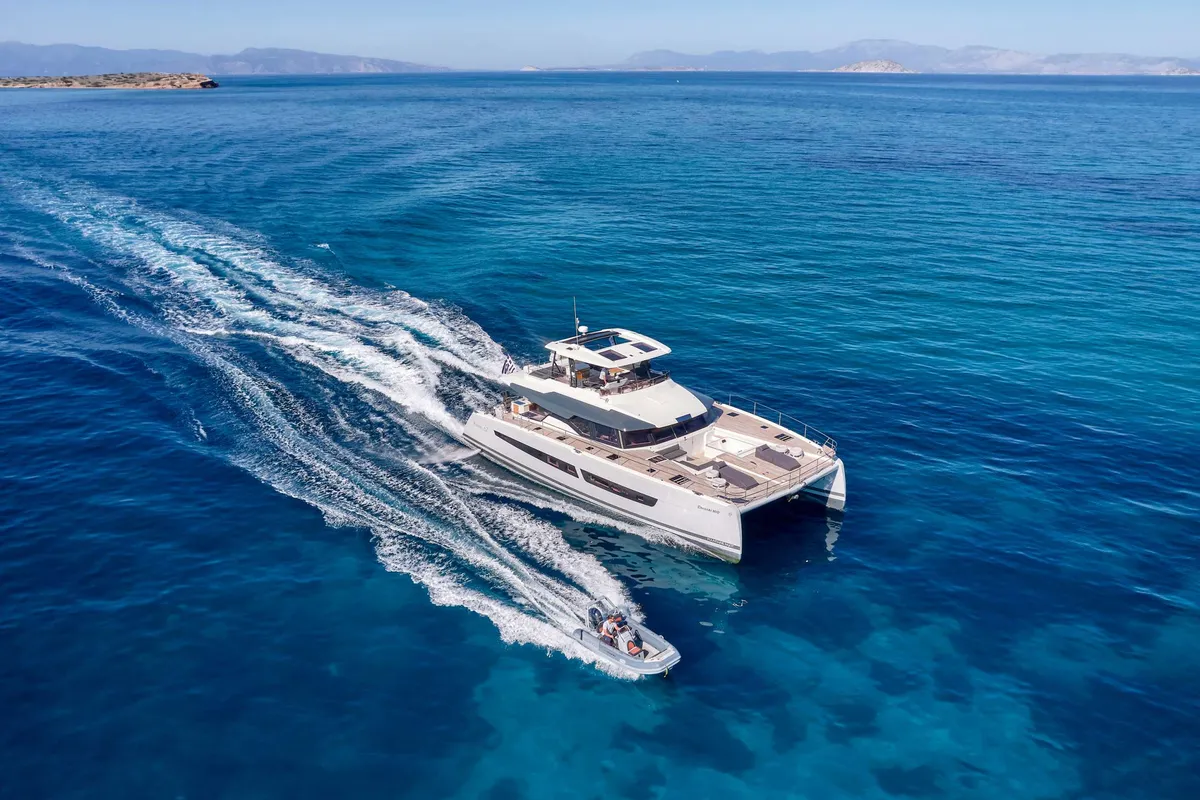 Christal Mio, a Fountaine Pajot Power 67 catamaran at Athens, Greece