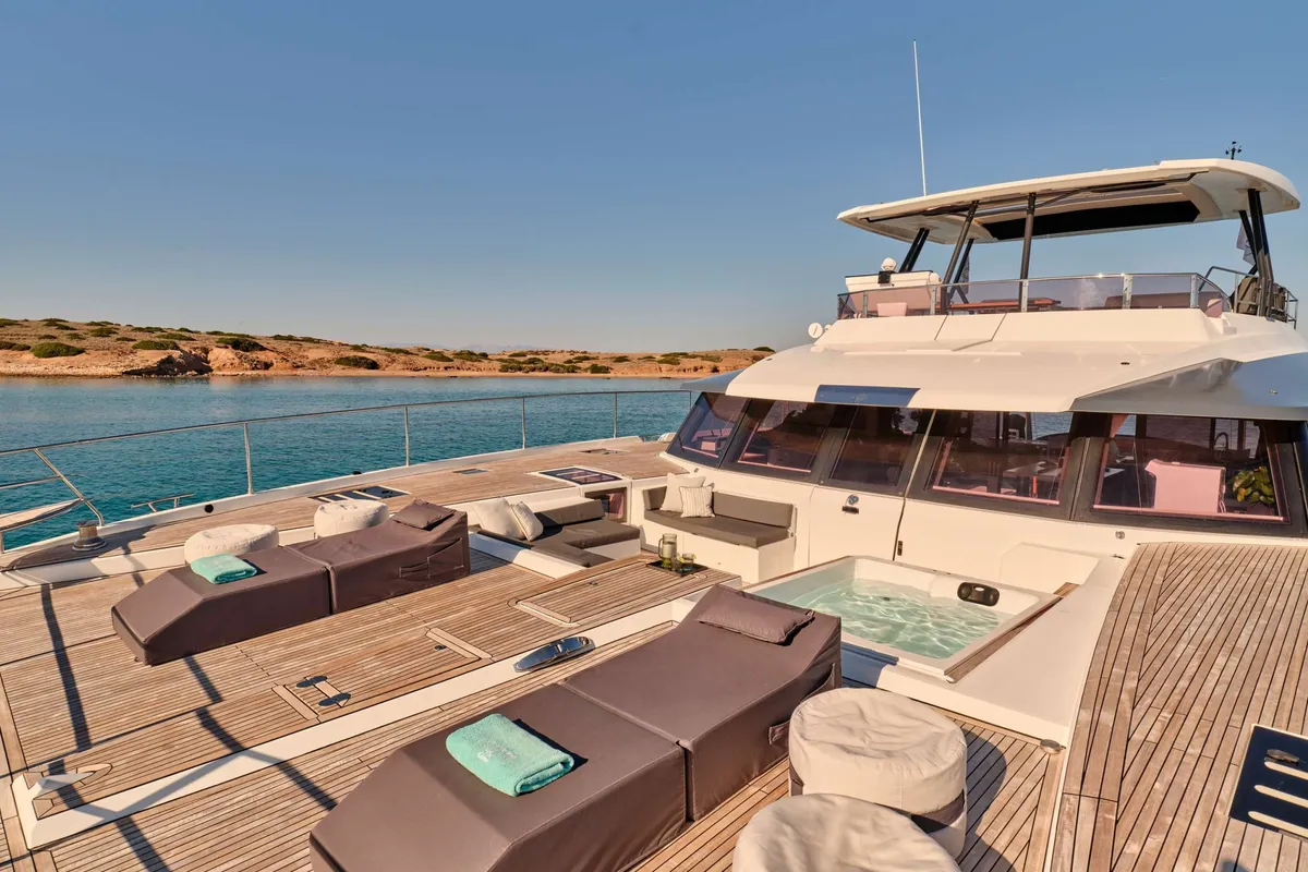 Christal Mio, a Fountaine Pajot Power 67 catamaran at Athens, Greece