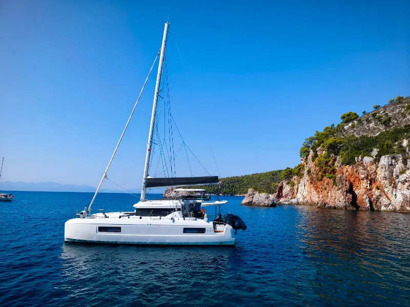 Exterior view of Aelia, a Lagoon 43 catamaran at Volos Municipality, Greece