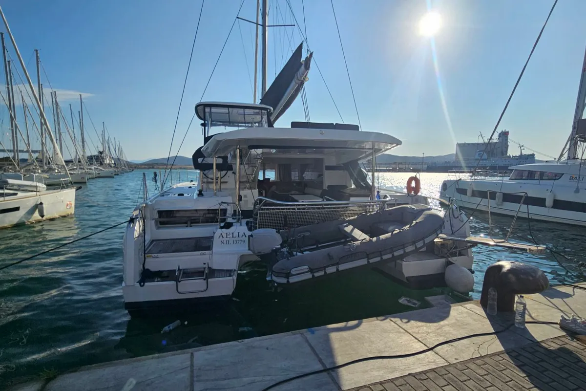 Exterior view of Aelia, a Lagoon 43 catamaran at Volos Municipality, Greece