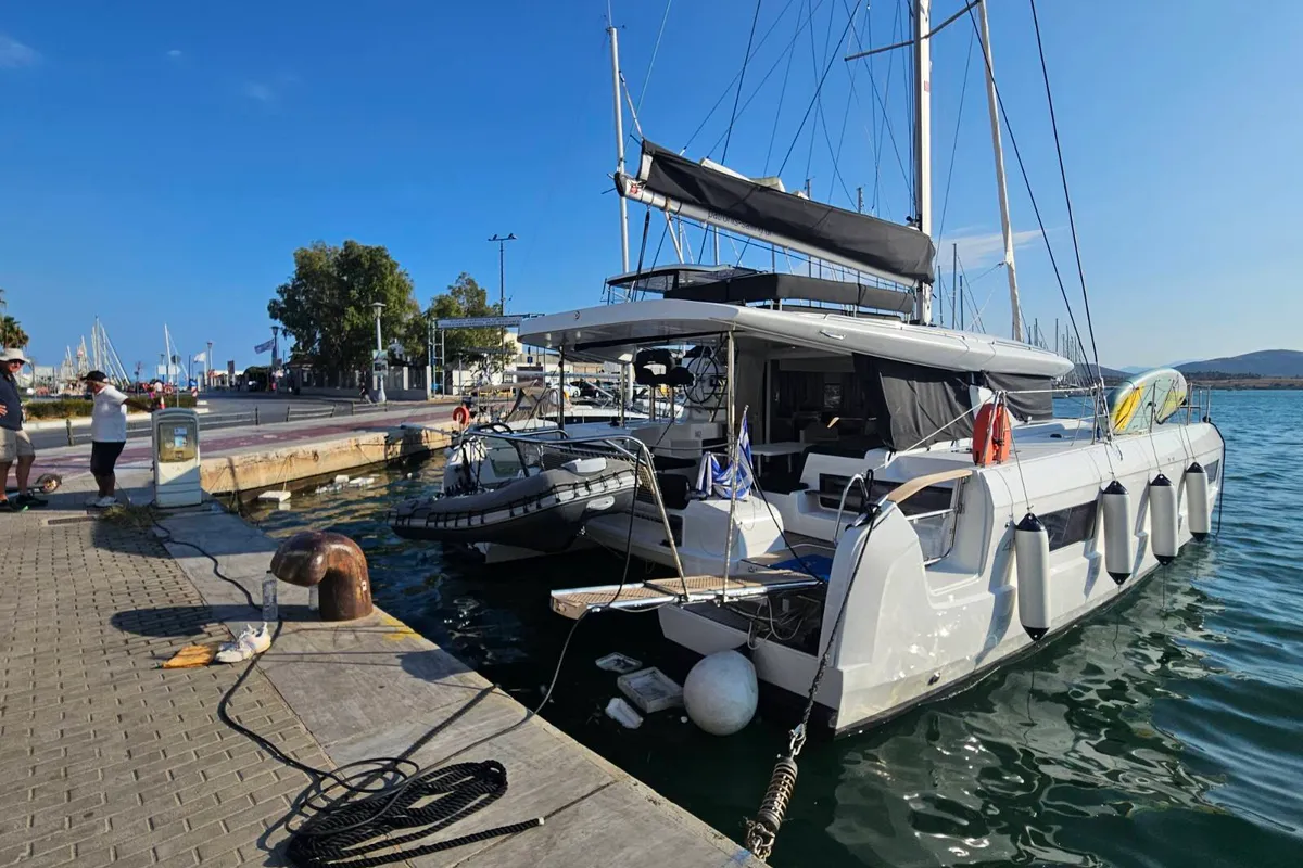 Exterior view of Aelia, a Lagoon 43 catamaran at Volos Municipality, Greece