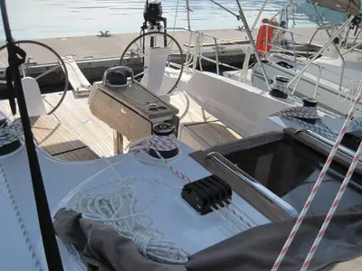 Deck of Vittoria, a Bavaria Cruiser 41 sailboat at Capo d'Orlando, Italy