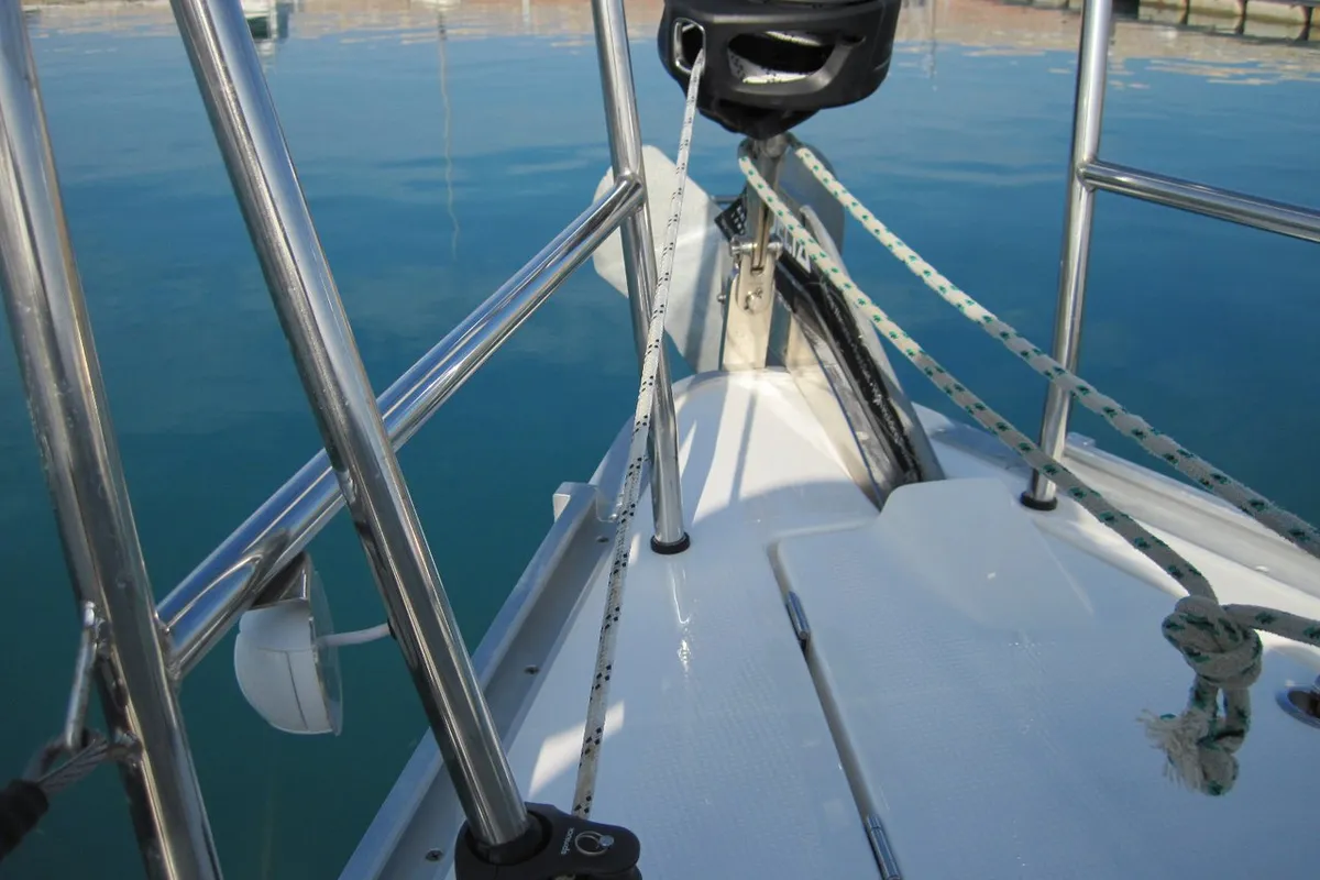 Deck of Vittoria, a Bavaria Cruiser 41 sailboat at Capo d'Orlando, Italy