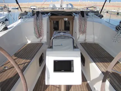 Cockpit of Vittoria, a Bavaria Cruiser 41 sailboat at Capo d'Orlando, Italy