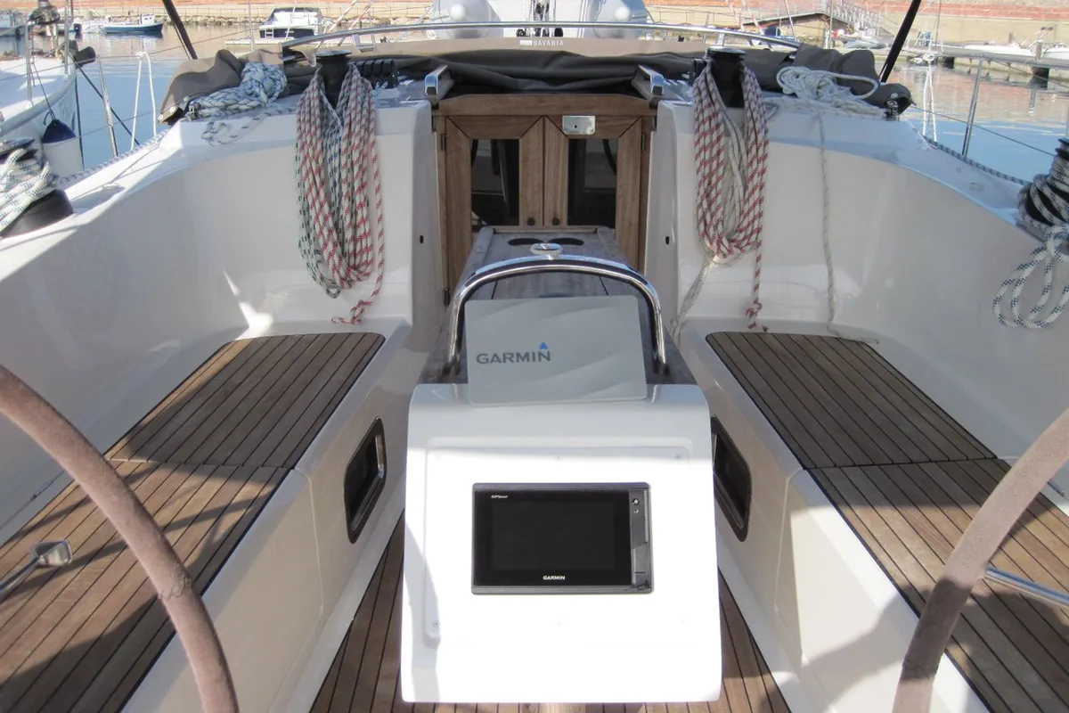 Cockpit of Vittoria, a Bavaria Cruiser 41 sailboat at Capo d'Orlando, Italy