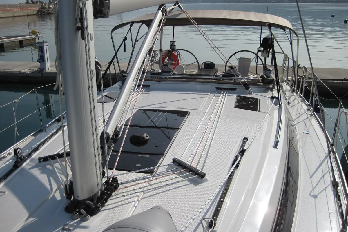 Deck of Vittoria, a Bavaria Cruiser 41 sailboat at Capo d'Orlando, Italy