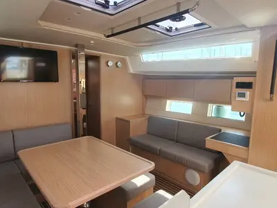 Salon of Whisper, a Bavaria C45 sailboat at Cala Egos, Spain