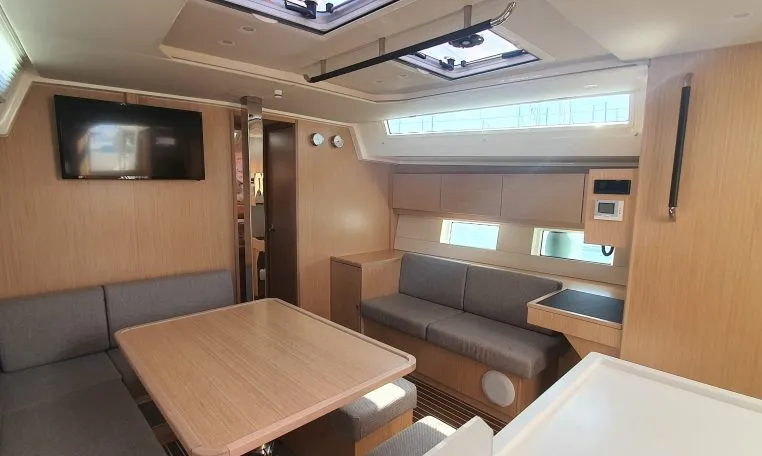 Salon of Whisper, a Bavaria C45 sailboat at Cala Egos, Spain
