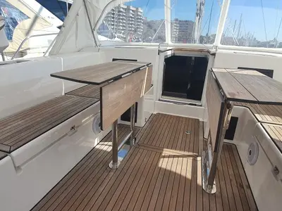 Deck of Whisper, a Bavaria C45 sailboat at Cala Egos, Spain