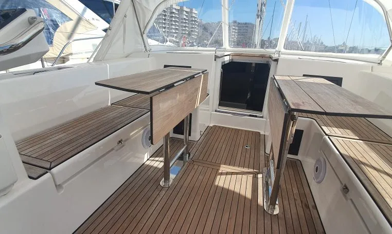 Deck of Whisper, a Bavaria C45 sailboat at Cala Egos, Spain