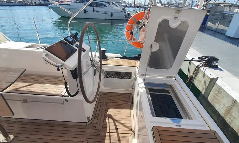 Cockpit of Whisper, a Bavaria C45 sailboat at Cala Egos, Spain