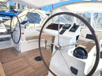 Cockpit of Whisper, a Bavaria C45 sailboat at Cala Egos, Spain