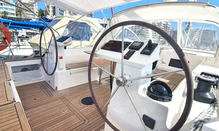 Cockpit of Whisper, a Bavaria C45 sailboat at Cala Egos, Spain