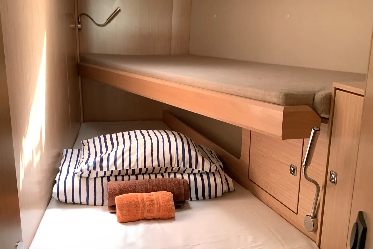Cabin on Whisper, a Bavaria C45 sailboat at Cala Egos, Spain