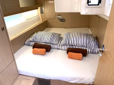 Cabin on Whisper, a Bavaria C45 sailboat at Cala Egos, Spain