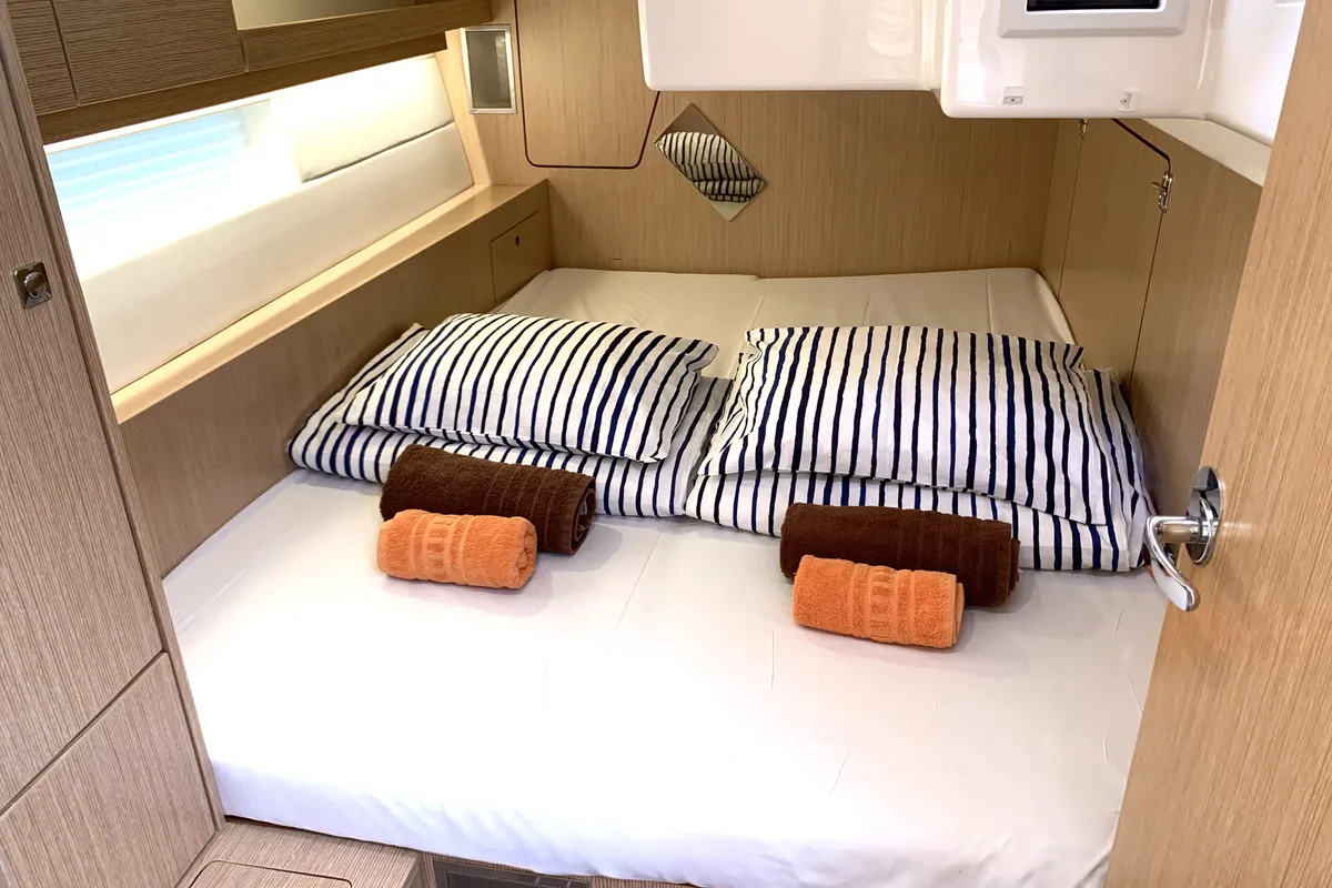 Cabin on Whisper, a Bavaria C45 sailboat at Cala Egos, Spain