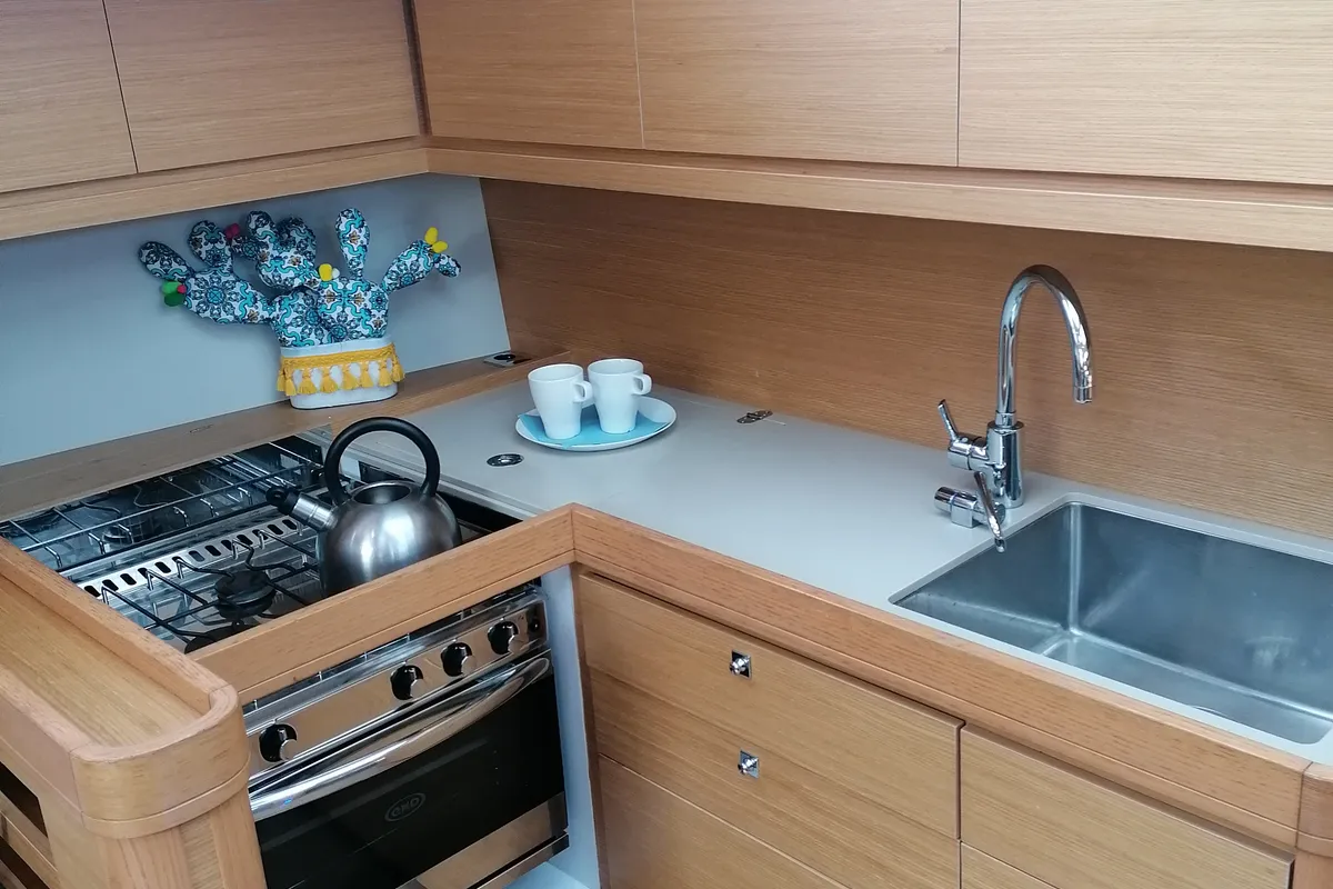 Galley of Serendipity, a Dufour 460 Grand Large sailboat at Capo d'Orlando, Italy