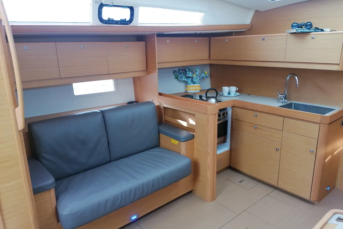 Salon of Serendipity, a Dufour 460 Grand Large sailboat at Capo d'Orlando, Italy