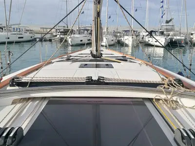 Deck of Serendipity, a Dufour 460 Grand Large sailboat at Capo d'Orlando, Italy