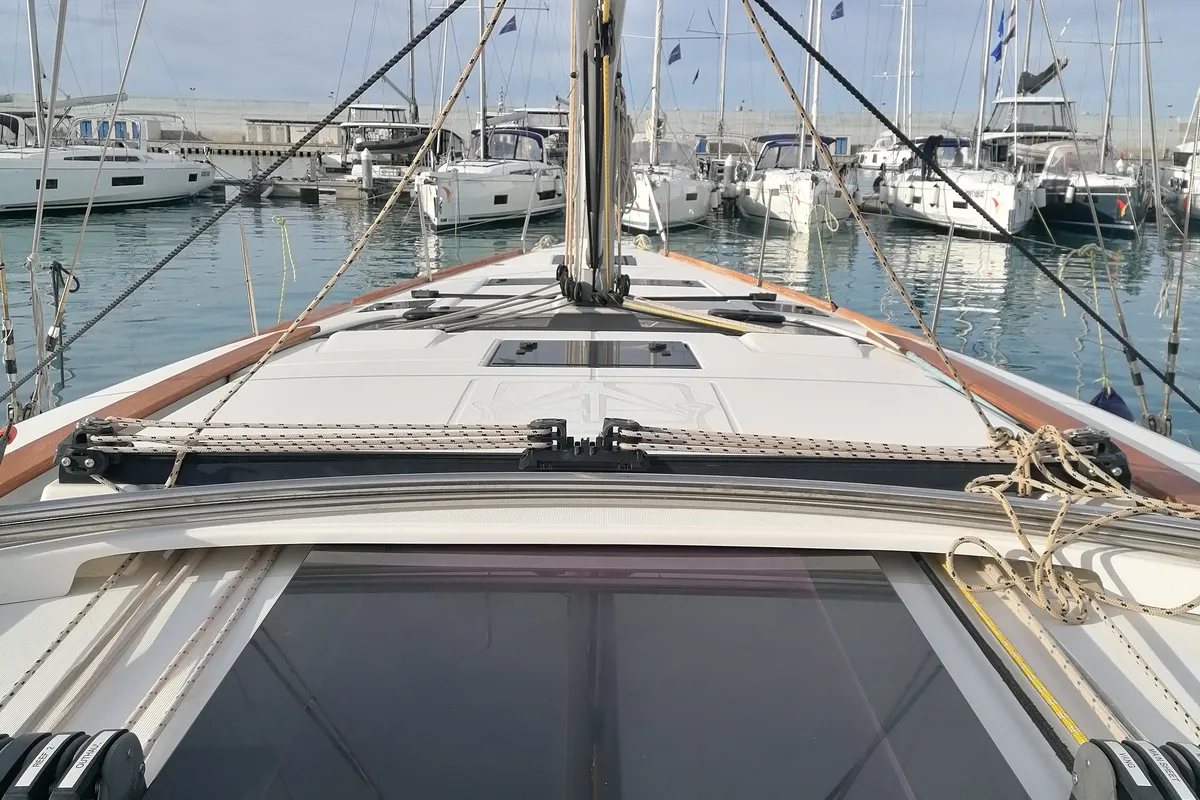 Deck of Serendipity, a Dufour 460 Grand Large sailboat at Capo d'Orlando, Italy
