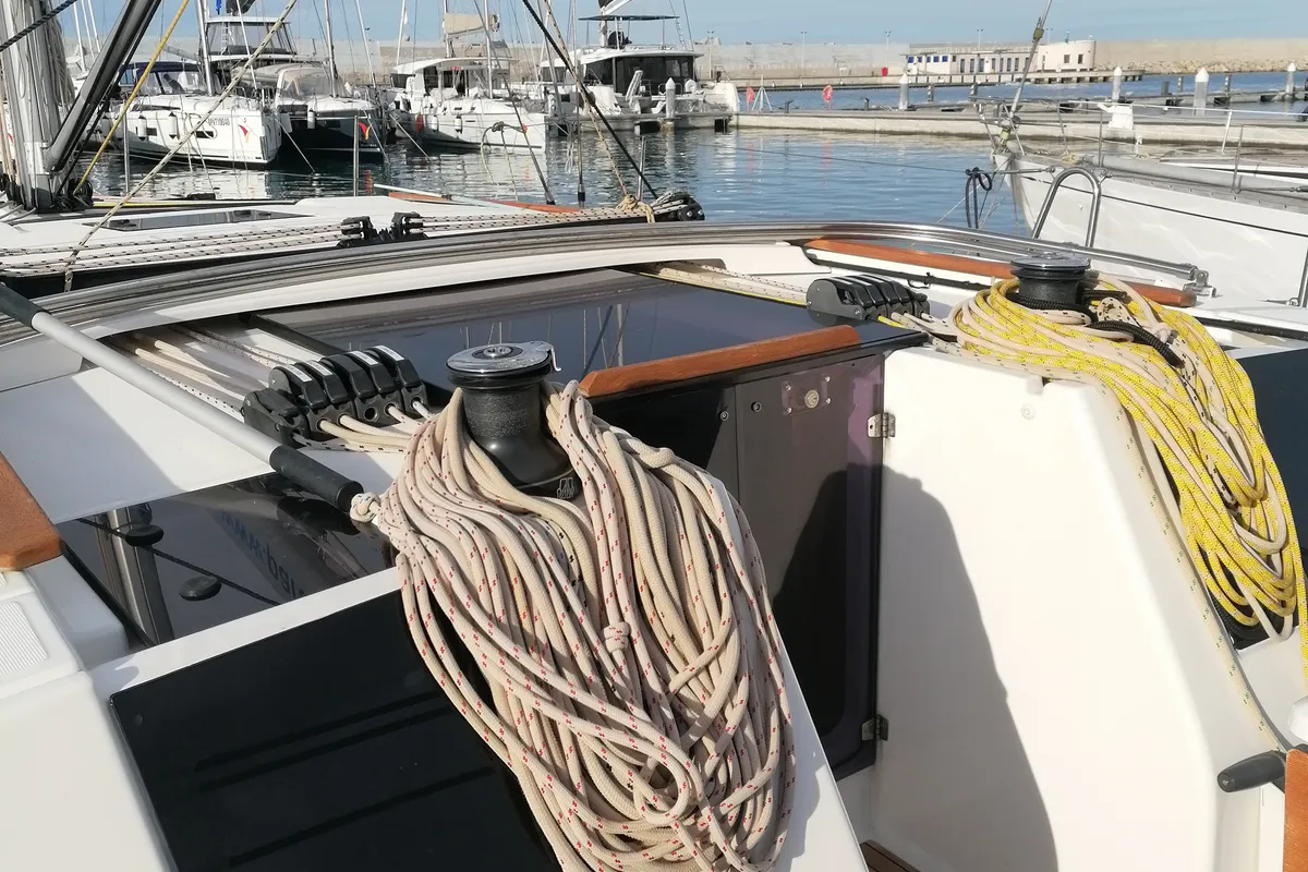 Deck of Serendipity, a Dufour 460 Grand Large sailboat at Capo d'Orlando, Italy