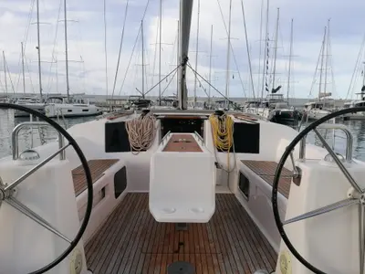 Cockpit of Serendipity, a Dufour 460 Grand Large sailboat at Capo d'Orlando, Italy