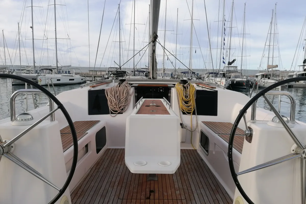 Cockpit of Serendipity, a Dufour 460 Grand Large sailboat at Capo d'Orlando, Italy