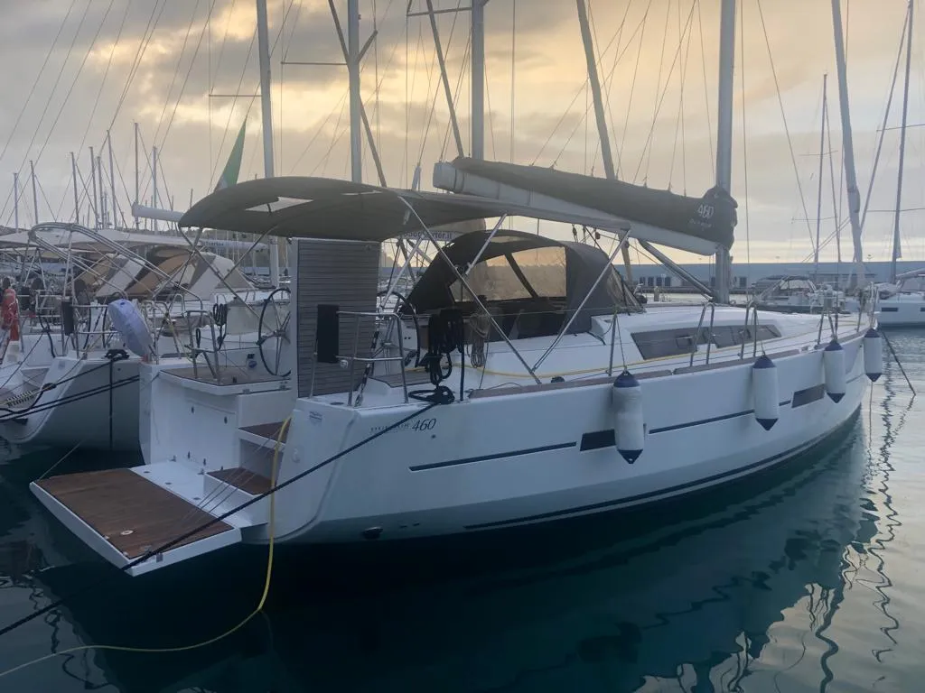 Exterior view of Serendipity, a Dufour 460 Grand Large sailboat at Capo d'Orlando, Italy