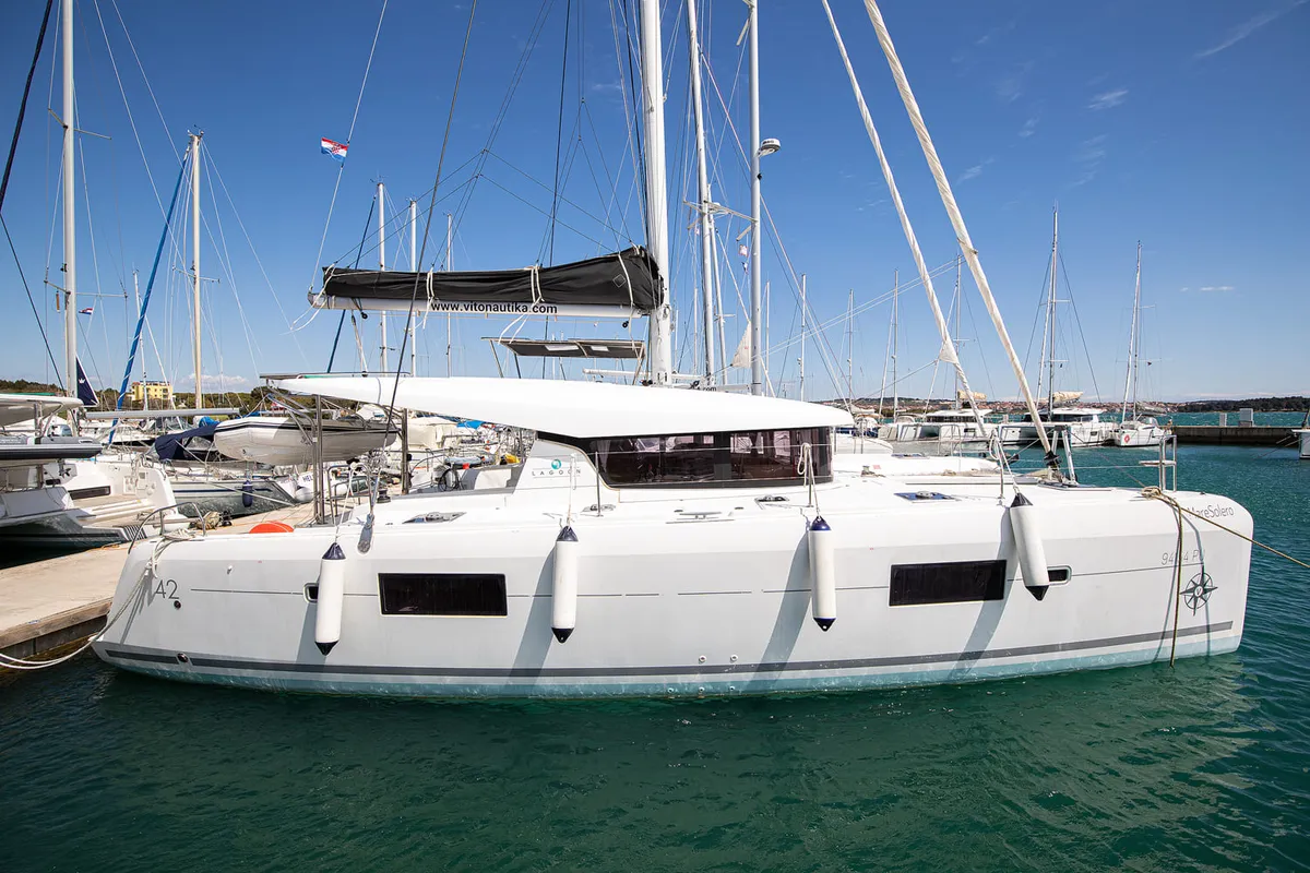 Exterior view of Mare Solero, a Lagoon 42 catamaran at Općina Medulin, Croatia