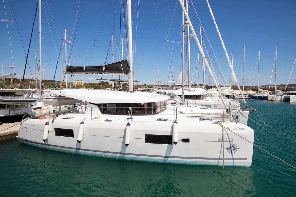 Exterior view of Mare Solero, a Lagoon 42 catamaran at Općina Medulin, Croatia