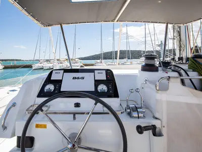 Cockpit of Mare Solero, a Lagoon 42 catamaran at Općina Medulin, Croatia