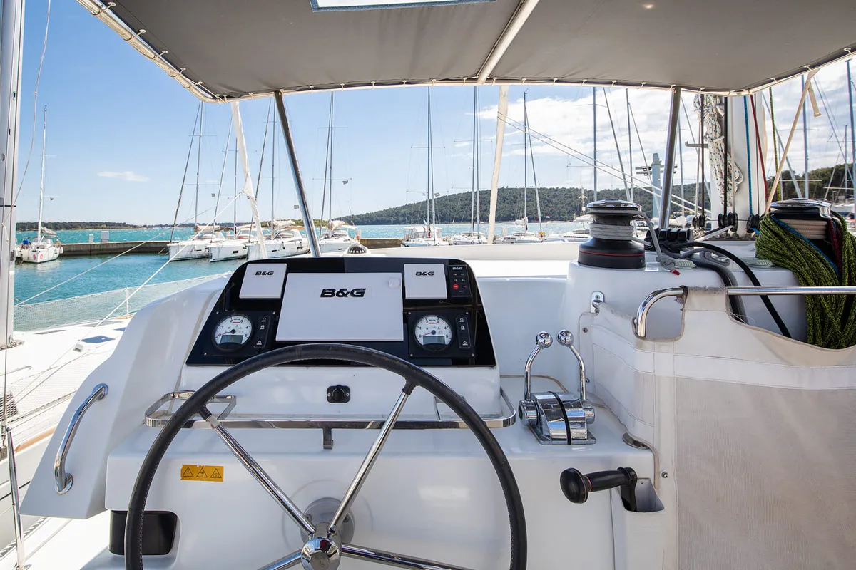 Cockpit of Mare Solero, a Lagoon 42 catamaran at Općina Medulin, Croatia