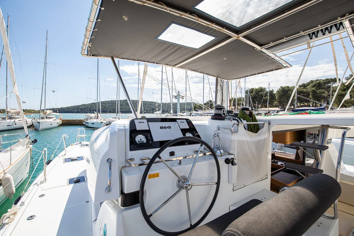 Cockpit of Mare Solero, a Lagoon 42 catamaran at Općina Medulin, Croatia