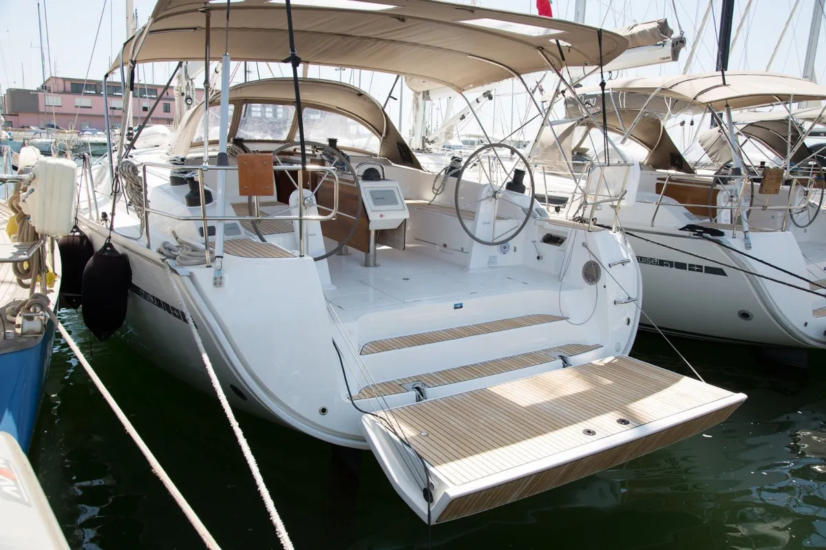 Exterior view of Pevero, a Bavaria Cruiser 51 sailboat at Olbia, Italy