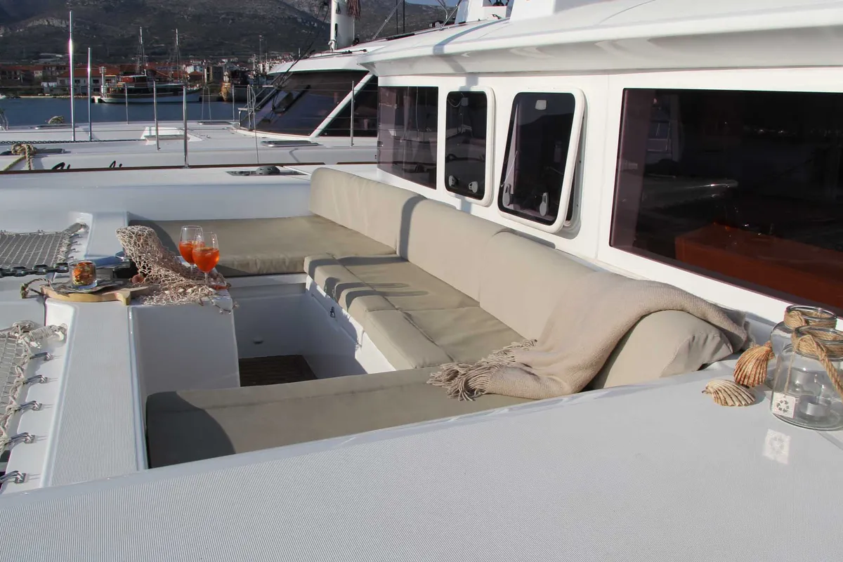 Deck of Yara, a Lagoon 450 F catamaran at Lefkada, Greece
