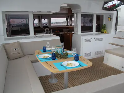 Deck of Yara, a Lagoon 450 F catamaran at Lefkada, Greece