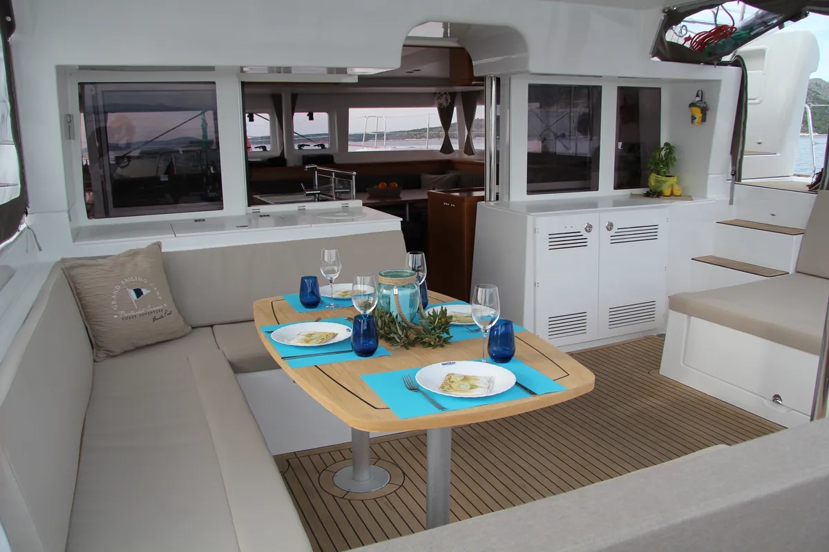 Deck of Yara, a Lagoon 450 F catamaran at Lefkada, Greece