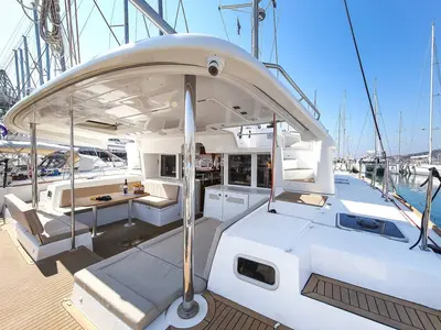 Cockpit of Yara, a Lagoon 450 F catamaran at Lefkada, Greece