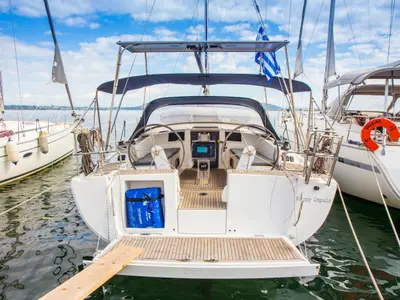 Cockpit of Happy Impuls, a Hanse 385 sailboat at Preveza, Greece