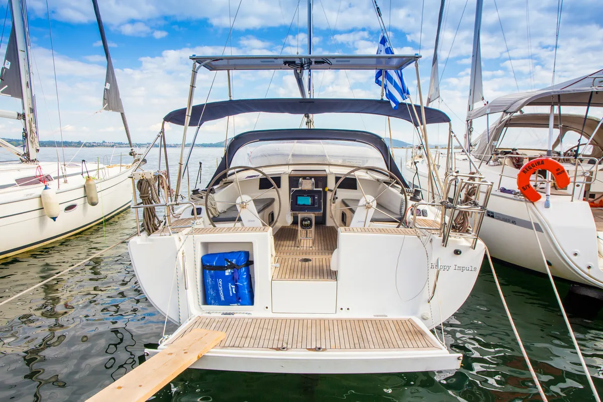 Cockpit of Happy Impuls, a Hanse 385 sailboat at Preveza, Greece