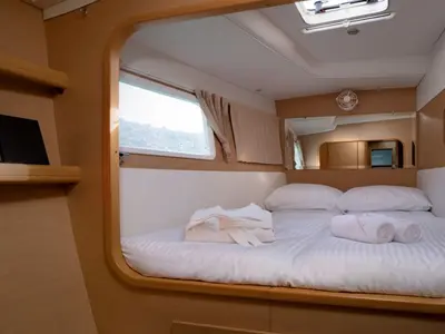 Cabin on Sotiria, a Lagoon 42 catamaran at Thira, Greece