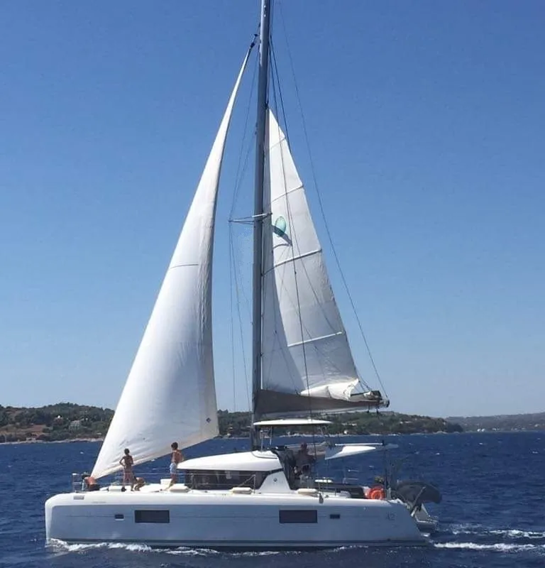 Exterior view of Nyami Nyami, a Lagoon 42 catamaran at Municipal Unit of Lefkada, Greece
