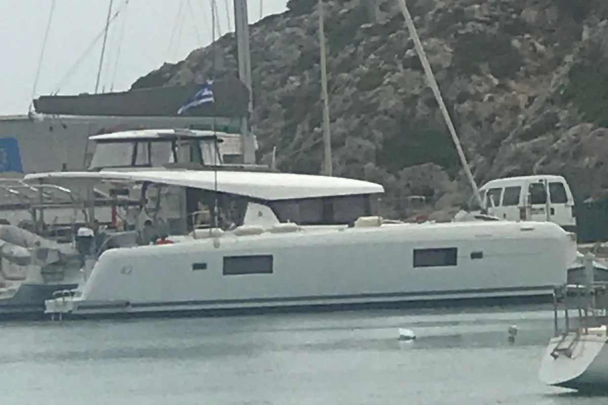 Exterior view of Nyami Nyami, a Lagoon 42 catamaran at Municipal Unit of Lefkada, Greece
