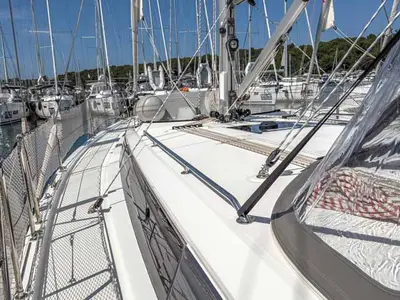 Deck of Fräulein Nora, a Bavaria C42 sailboat at Grad Pula, Croatia