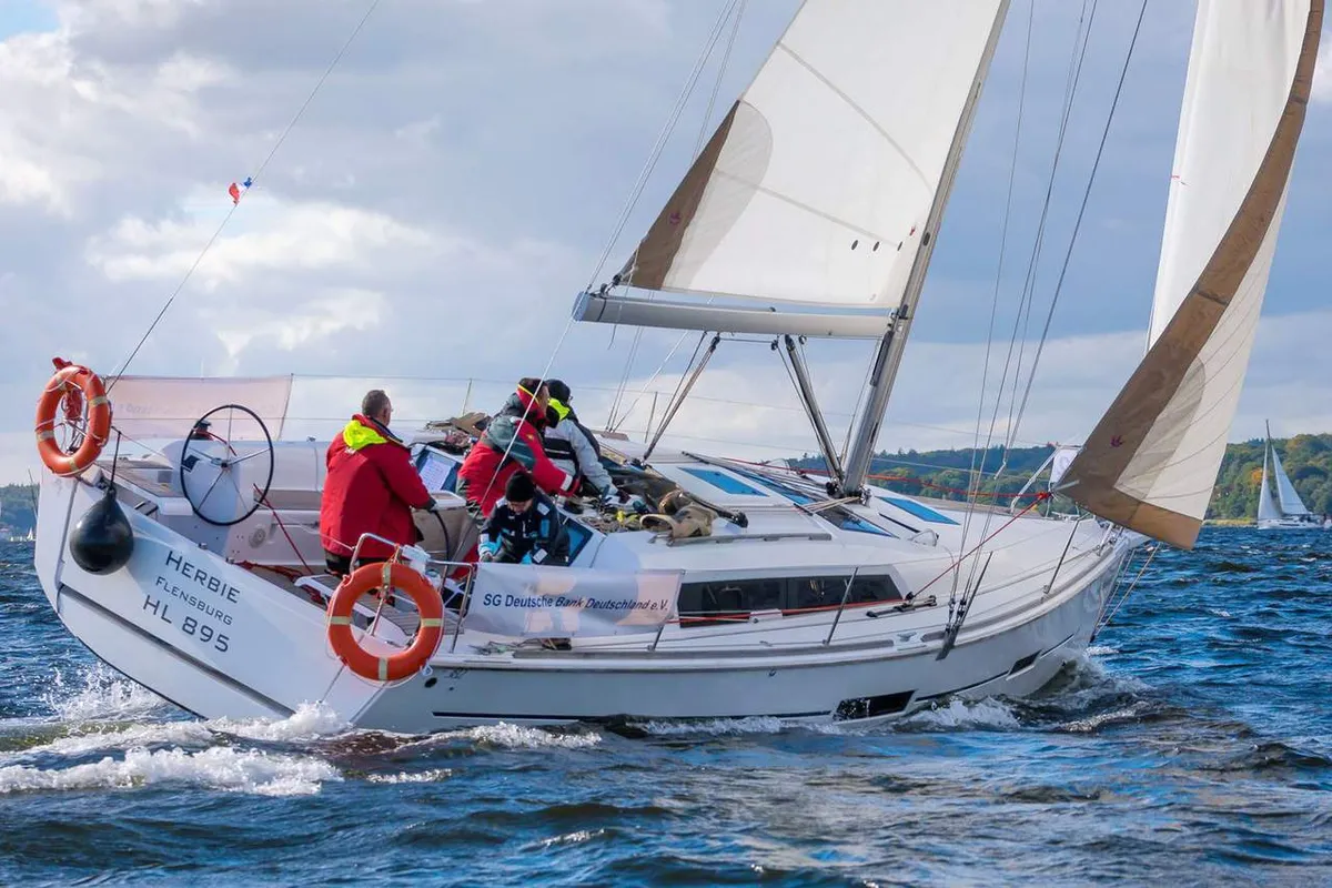 Exterior view of Herbie, a Dufour 382 GL sailboat at Flensburg, Germany